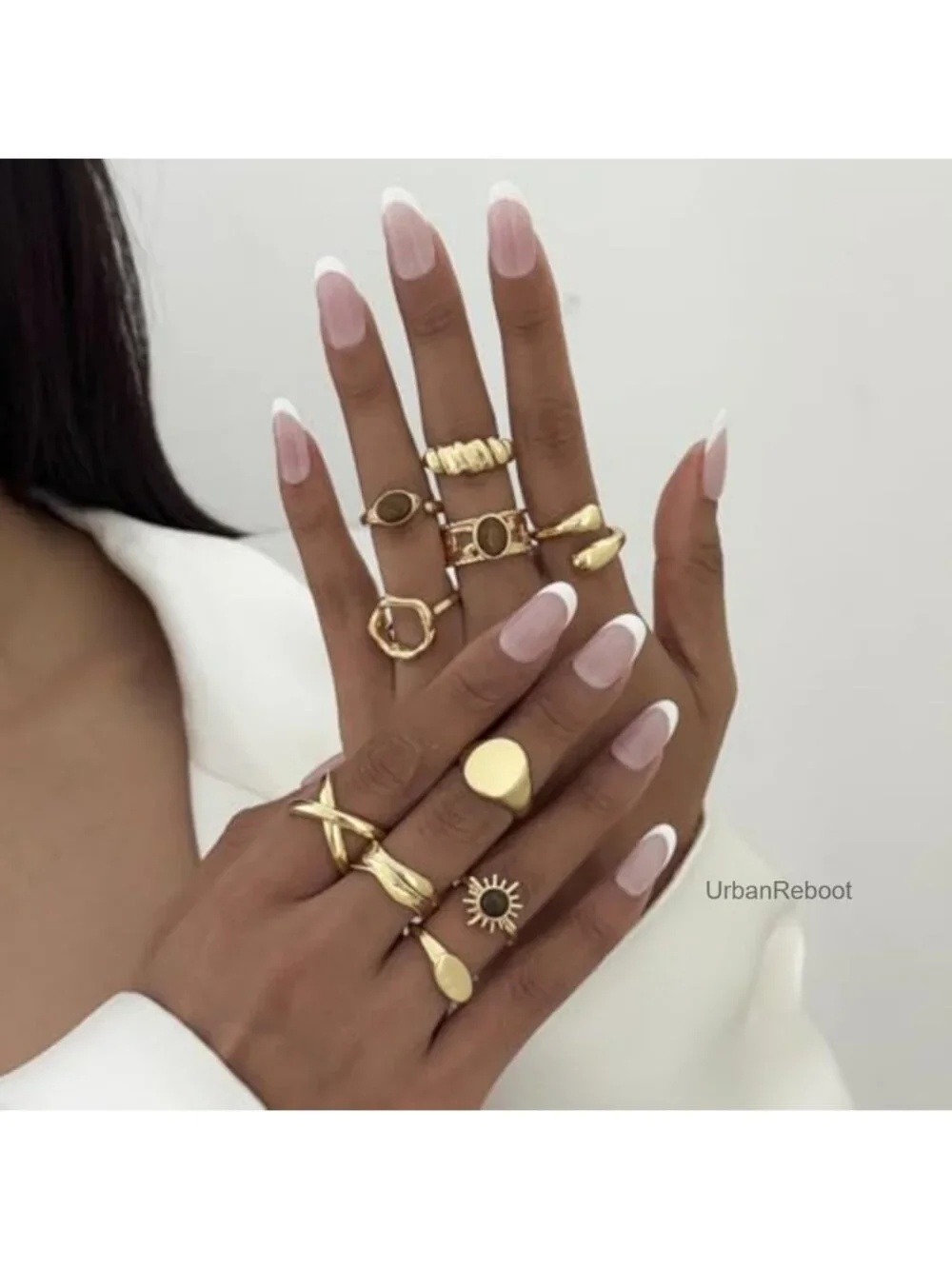 10 Piece Gold Stackable Ring Set for Women, Vintage Tiger Eye Stone Boho
